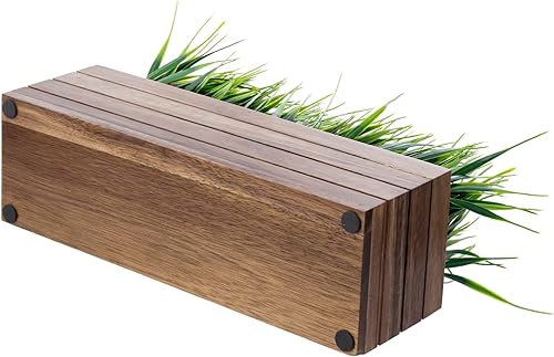 Miniatura 7 de MyGift Planta de césped verde artificial de 14 pulgadas en maceta de madera de acacia maciza, vegetación sintética en contenedor de madera