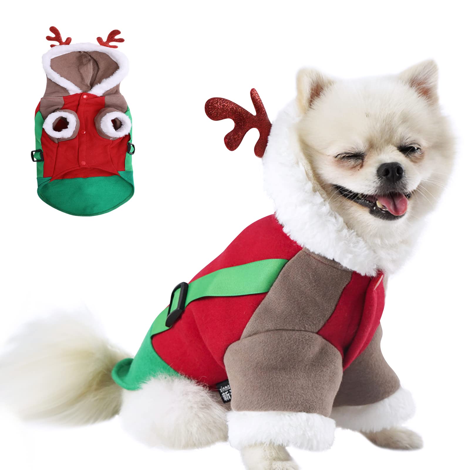 Photo 1 of **NEW** Ginbavi Pet Reindeer Cosplay Christmas Dog Costume, Funny Elk Puppy Hoodie Jacket Warm Cold Weather Doggy Coat, Soft Winter Xmas Cat Outfits Hooded Pets Holiday Apparel for Small Dogs & Cats L