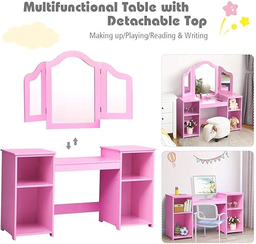 Miniatura 48 de AKUSTIK Juego de tocador y silla de madera rosa 2 en 1 para niños pequeños con espejo desmontable de tres pliegues, estantes de almacenamiento,