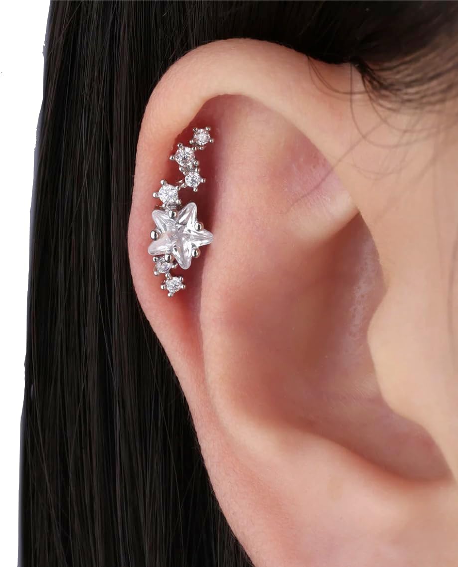 CZ Climber Stars Stud Screw On Earrings for Helix Cartilage Tragus Earlobe Conch Piercing Jewelry For Her, Cartilage Piercing, Screw Back