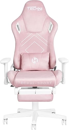 Miniatura 5 de Techni Sport Silla de juegos de terciopelo rosa - Silla de juegos rosa suave aterciopelada - Silla ergonómica para computadora con reposapiés