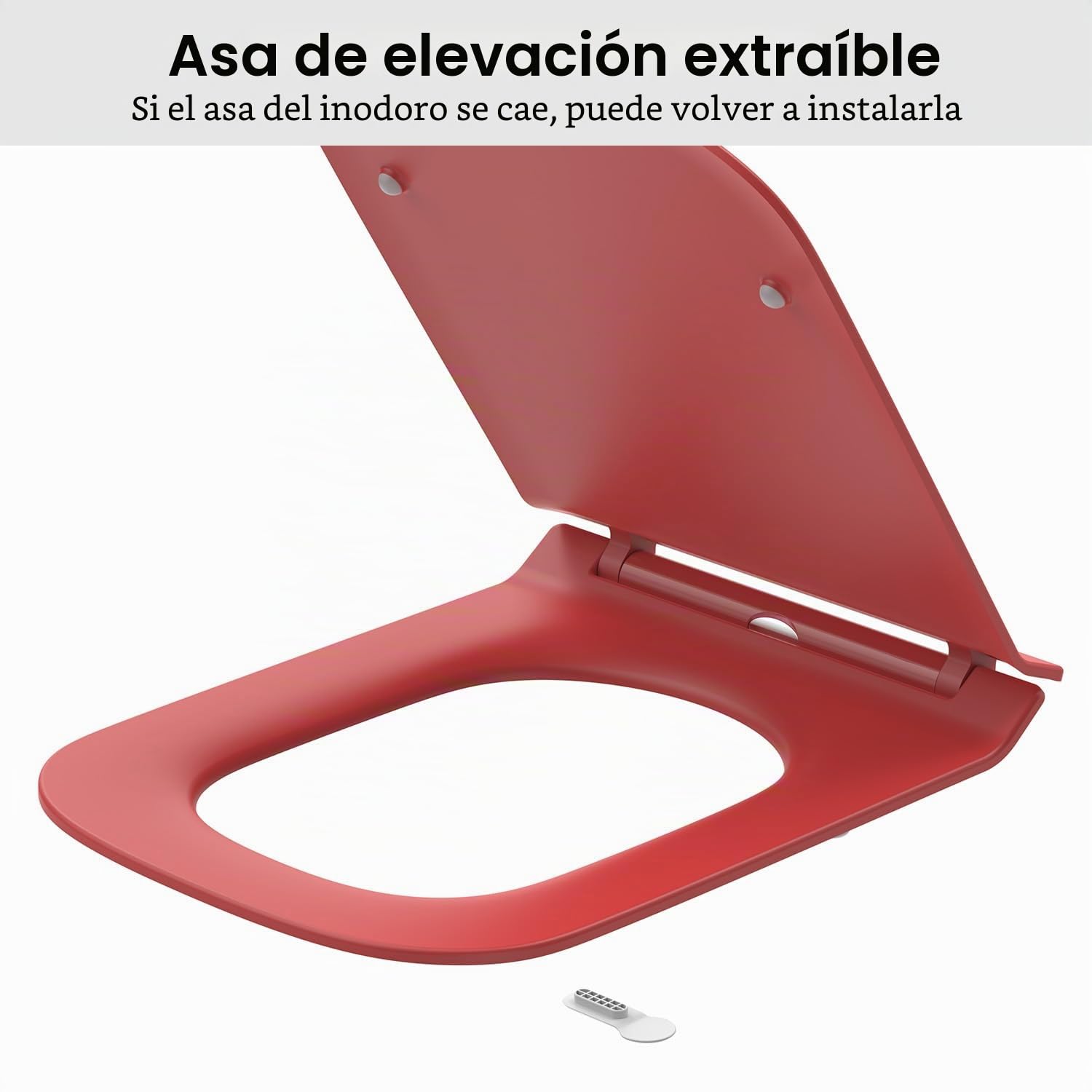 Tapa WC Forma Cuadrado Ultrafino [CORTO], Asiento de Inodoro Cuadrado con Cierre Suave y Liberación Rápida para una Fácil Limpieza, Rojo, 42,5 * 34,5 cm