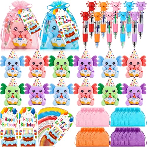 Seenelling 96 Pcs Birthday Gifts Mini Stuffed Axolotl 4-color Pen Card Bag