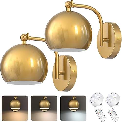 Wall Sconces Battery Operated, Gold Wall Sconces Battery Operated, Not Hardwired Dimmable, Battery Wall Sconce Wireless Wall Lamp/Light for Bedroom, LED Bulb Included, Set of 2
