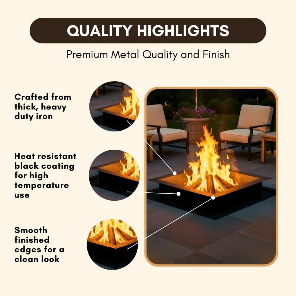 Fire Pit Ring 33 Inch Outer/27 Inch Inner Square Fire Ring, Heavy-Duty Metal Smokeless Firepit Ring for Backyard, Beach & Camping