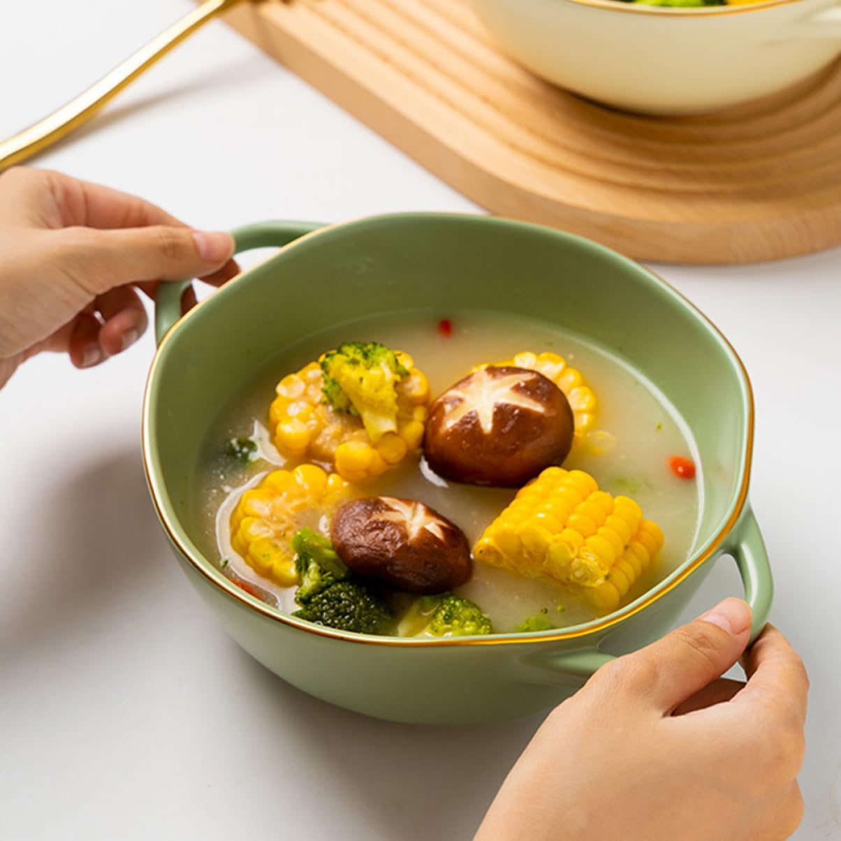 Bol De Cerámica Doble Asa Para Horno Ensaladera y Plato Para Sopa Para Uso Cocina Restaurante y Eventos