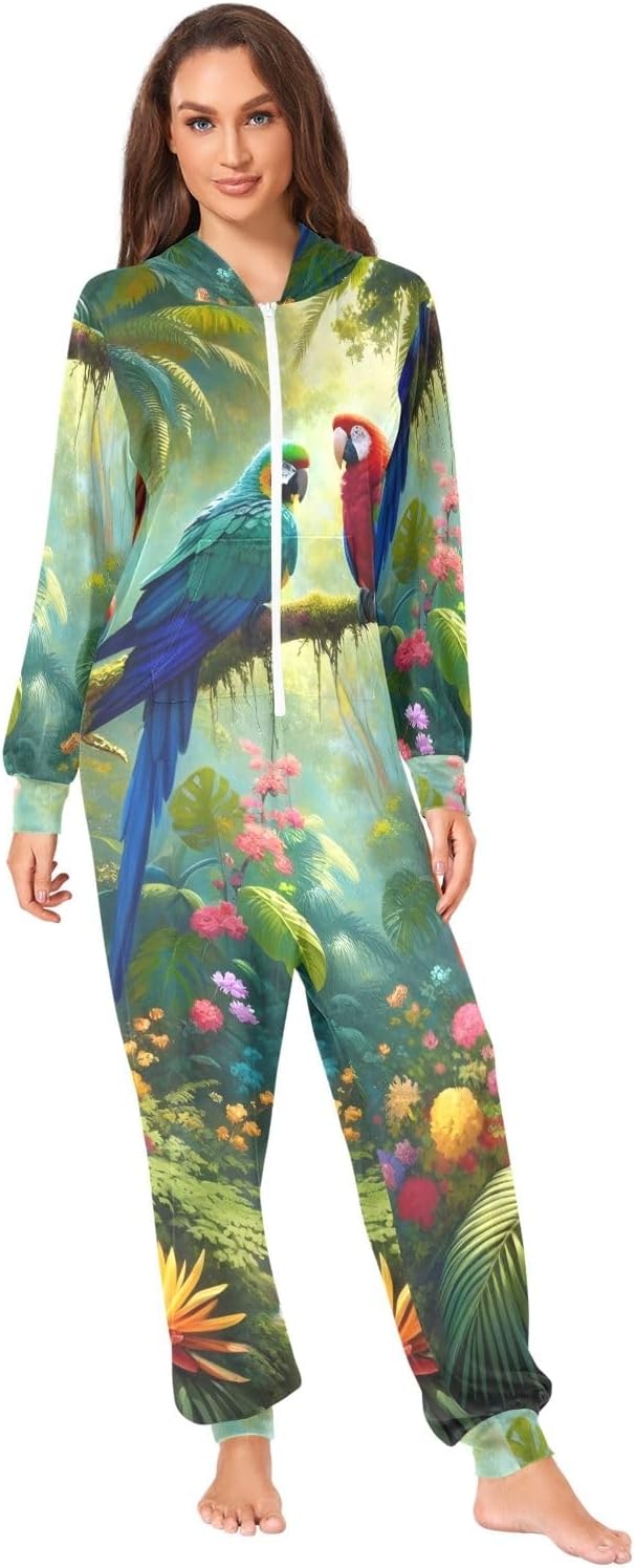 GAIREG Tropical Flowers Parrots Adult Onesie Pajamas, Soft Crystal Velvet One Piece Loungewear for Men Women Zip Front
