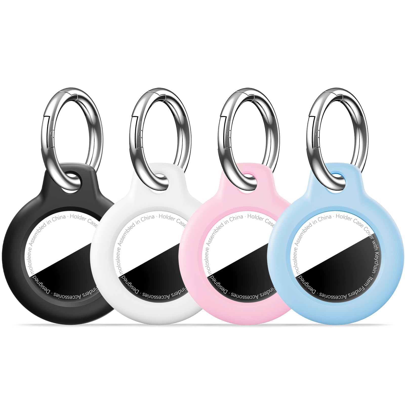 MOLOSLEEVE [4 Pack Case for AirTag 2nd Gen (2026) & 1st Gen, Shockproof Holder Anti-Scratch Protective Cover for Air Tags, Men's Women's Keyrings & Keychains for Keys, Luggage, Bags, Multicolor E5-black/White/Blossom Pink/Light Blue