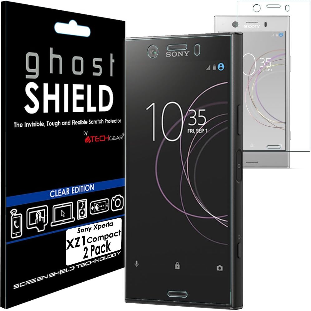 TECHGEAR [2 Pack] Screen Protectors to fit Sony Xperia XZ1 Compact [ghostSHIELD Edition] Genuine Reinforced Flexible TPU Screen Protector Guard Covers with Full Screen Coverage inc Curved Screen