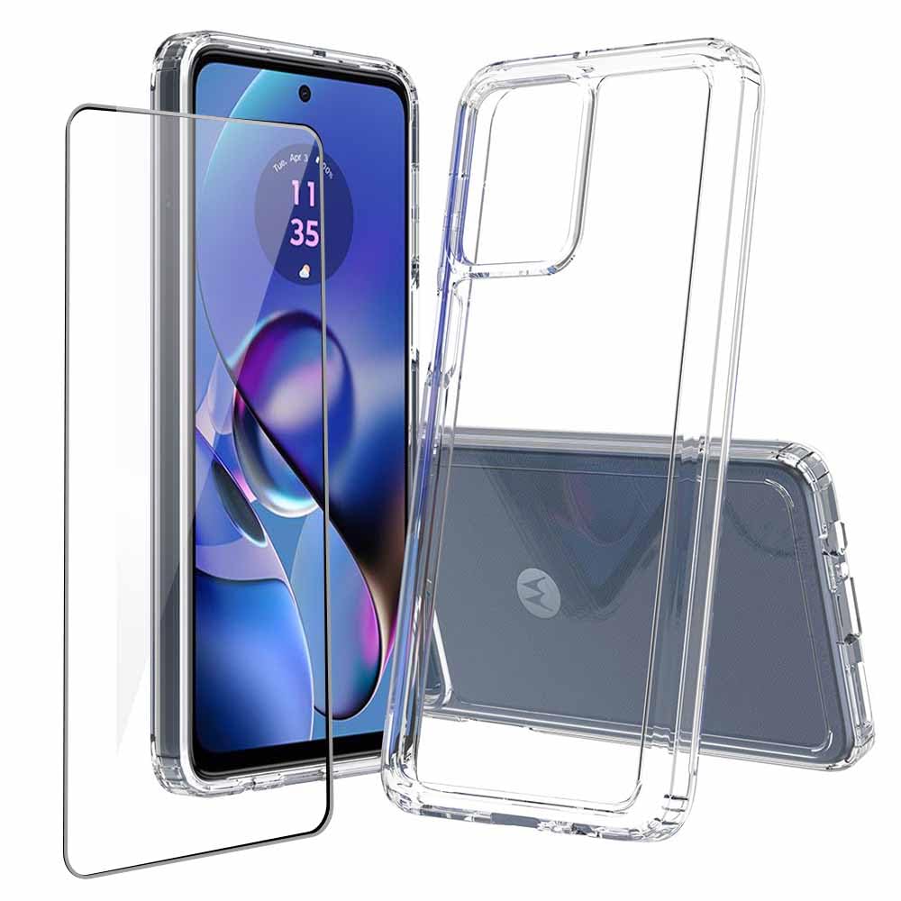 Niopiee for Moto G54 Case Crystal Clear Slim Hard Case Hybrid Shockproof Bumper with Tempered Glass Screen Protector Full Body Anti-Yellow