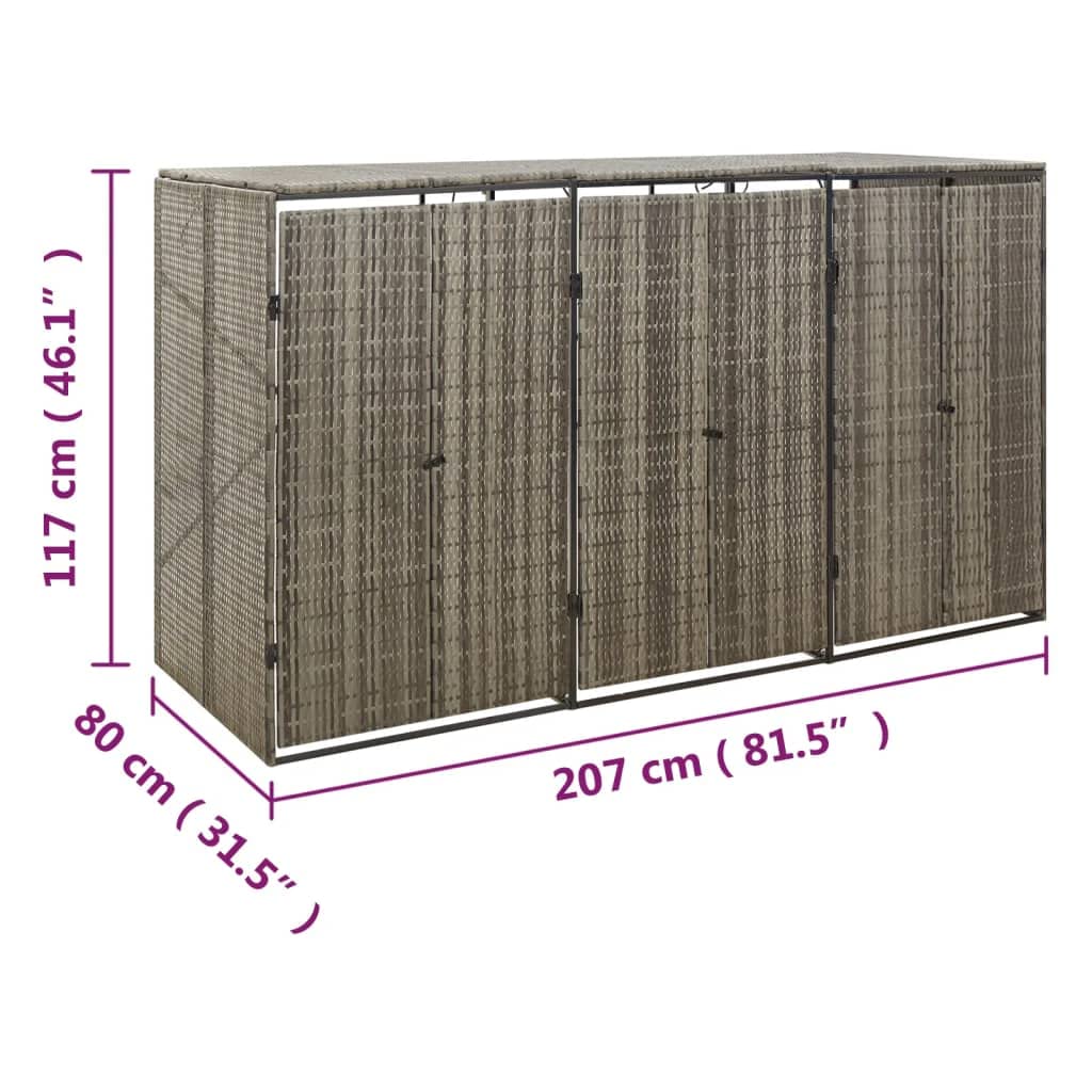 vidaXL Abri pour Poubelle Triple Gris 207x80x117 cm Résine tressée, Stockage de Poubelle à Roue Unique, Couvercle pour Poubelle, abri pour Poubelle à Roue Unique