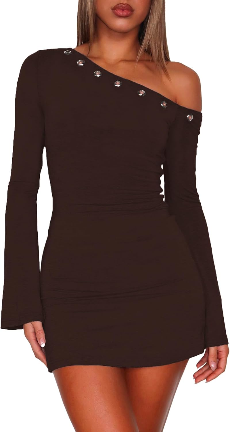 Women's One Shoulder Metal Ring Dresses Sexy Flared Long Sleeve Slim Fit Bodycon Go...