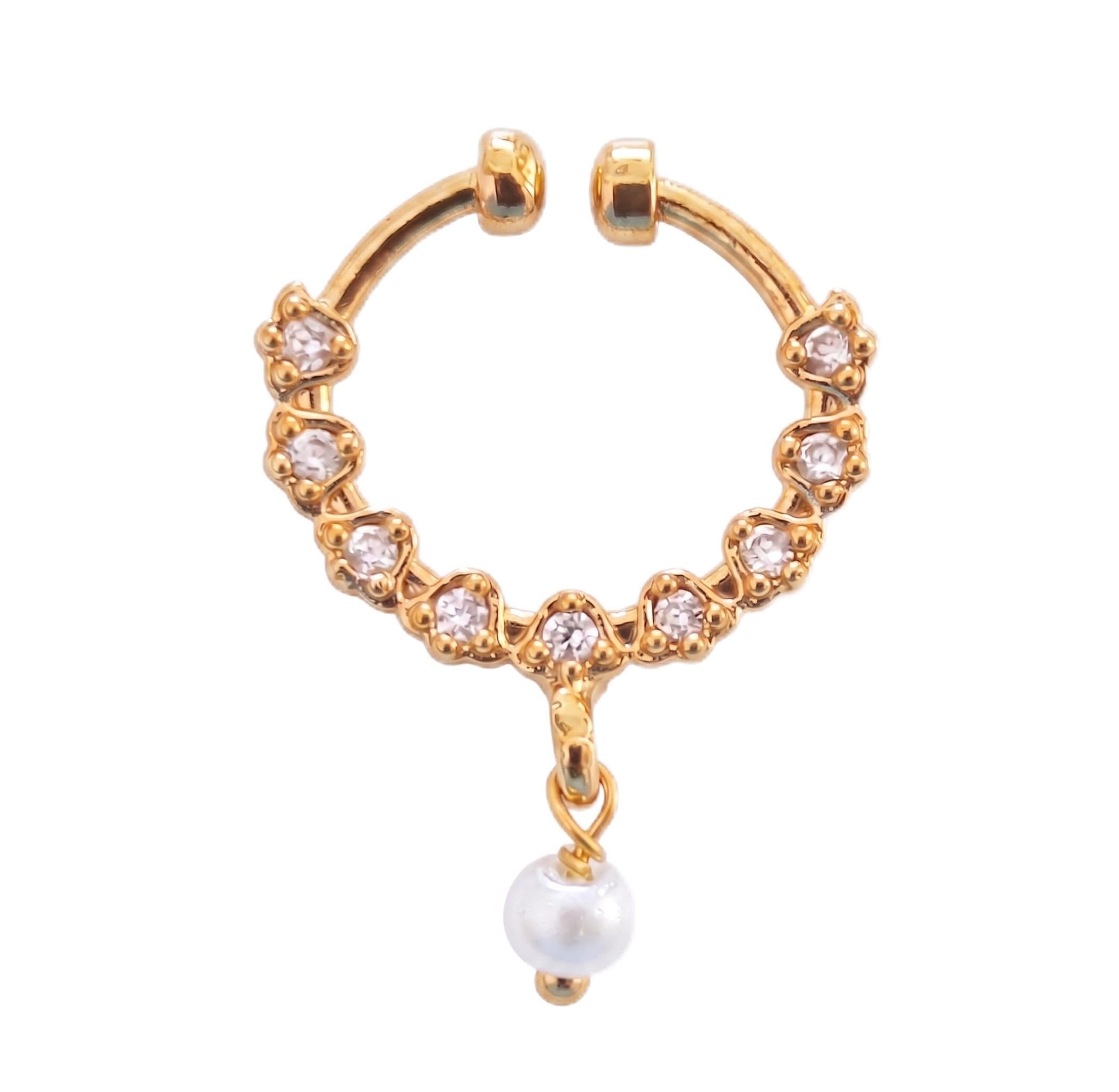 Gold Toned Non Piercing Clip On Nose Ring Nath for Women | CZ Stone Studded Nose Hoop with Pearl Drop Charm | Ethnic and Trendy Nose pin ring for Women-image-19