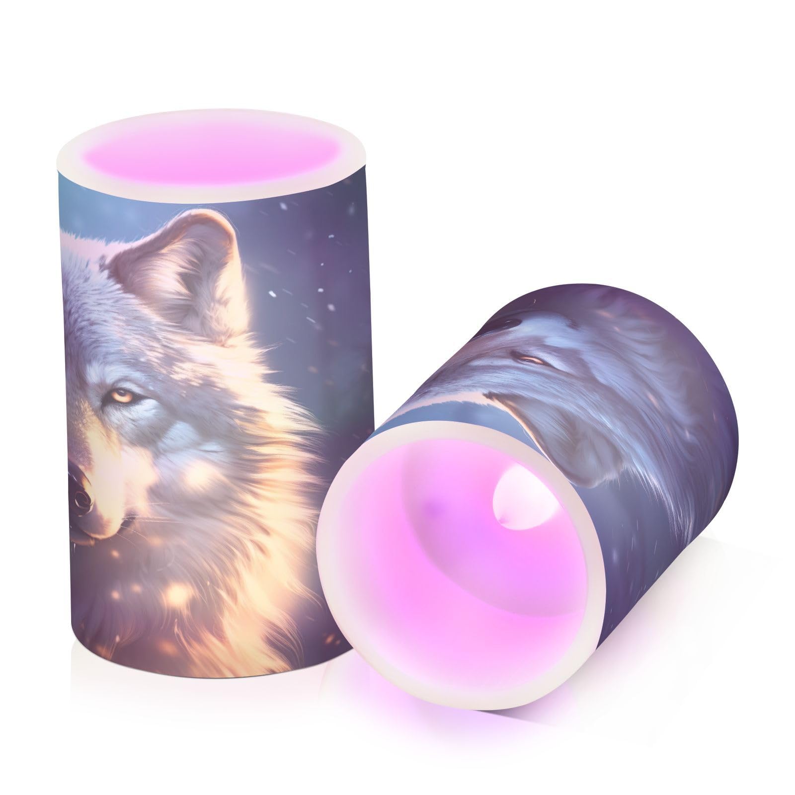Kigai White Wolf Portrait Flameless Candles with Remote Control and Timer,Battery Operated LED Pillar Candles Adjustable Brightness for Ourdoor Indoor Use,Home Decor,2 Pack