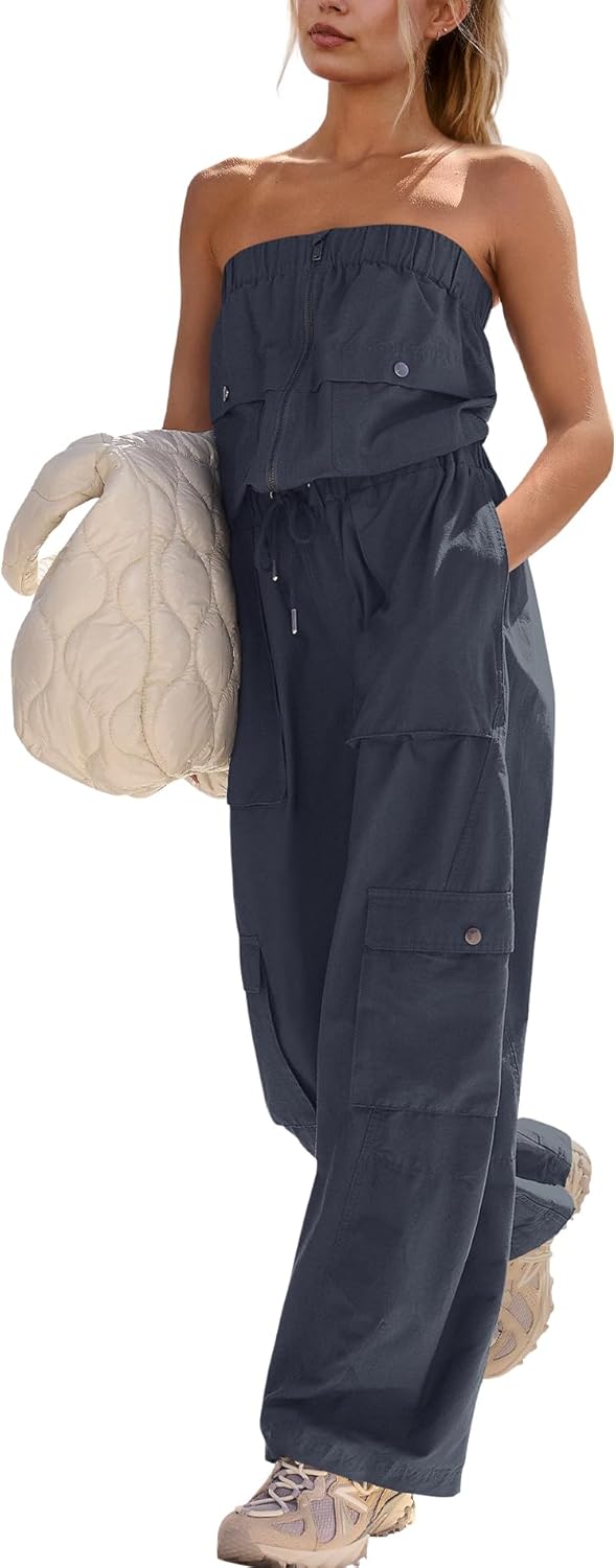 LAMISSCHE Womens Strapless Jumpsuits Cargo Pants Jumpsuits Off The Shoulder Tube Rompers One Piece Outfits With Pockets - Image 2