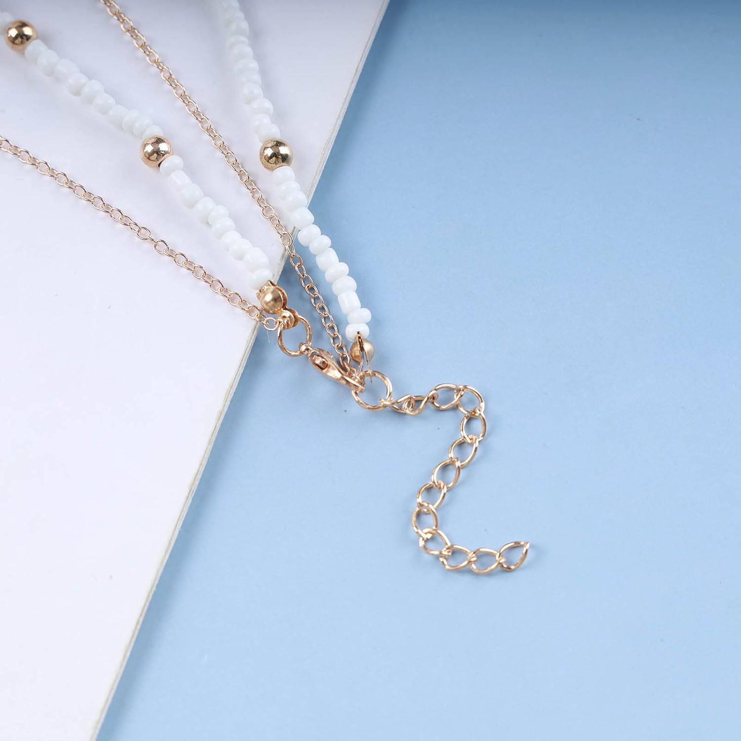 Andelaisi Boho Layered Bead Choker Necklace Vintage Teardrop Crystal Pendant Necklace White Seed Bead Chain Necklace Gold Water Drop Pendant Necklace Jewelry for Women and Girls - Image 8