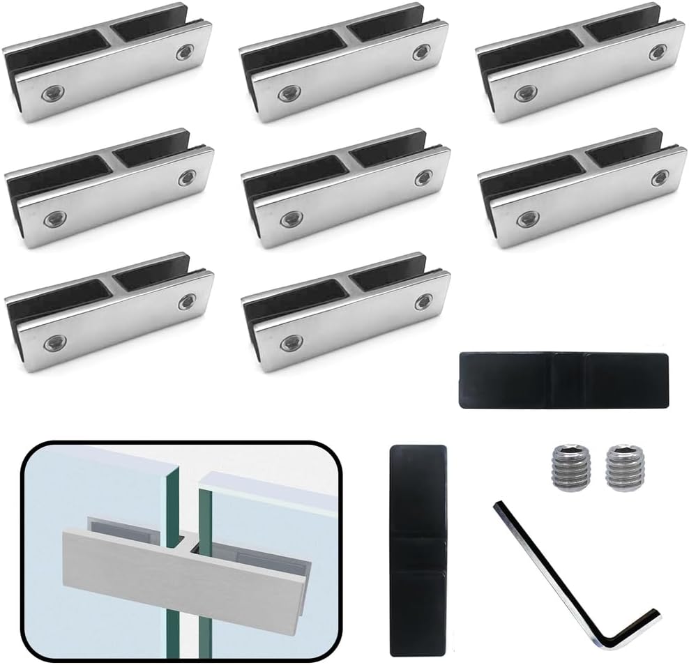 Marine Grade 304 Stainless Steel Glasss to Glass Clamp, 180° No-Drill Railing Bracket for Pool Fence, Outdoor Balustrade with EPDM Rubber Pads (Fits 8mm/10mm/12mm Glass),Silver,10to12mm