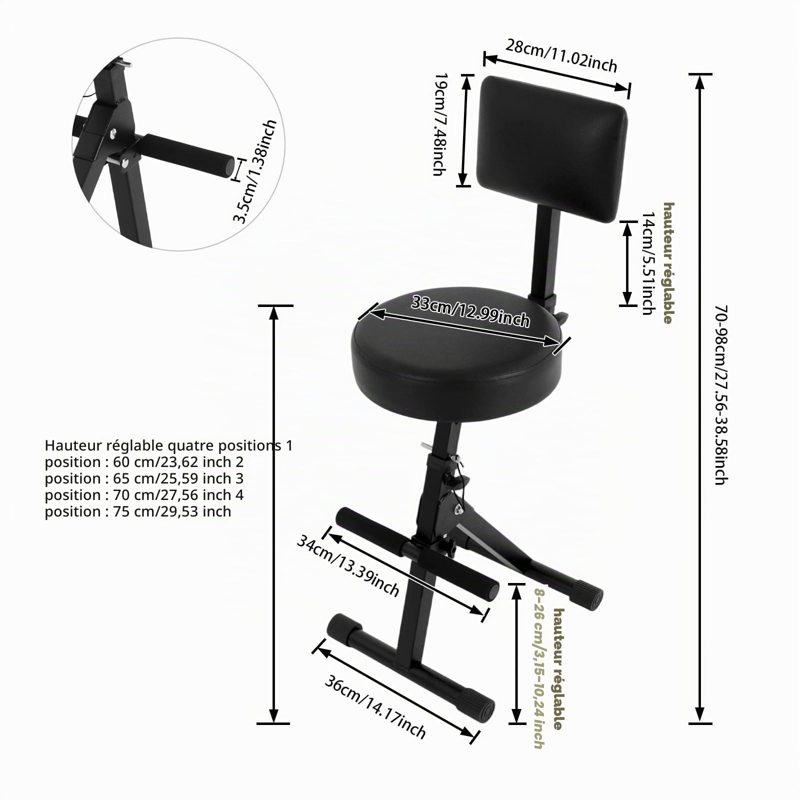 Tabouret de guitare avec dossier, siège de guitare en métal, tabouret de musicien réglable en hauteur, portable, chaise haute pour adultes, batteurs et guitaristes, jusqu'à 100 kg