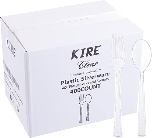 Miniatura 6 de KIRE Juego de 400 tenedores y cucharas de plástico transparente desechables, cubiertos de plástico, cucharas y tenedores transparentes, 200