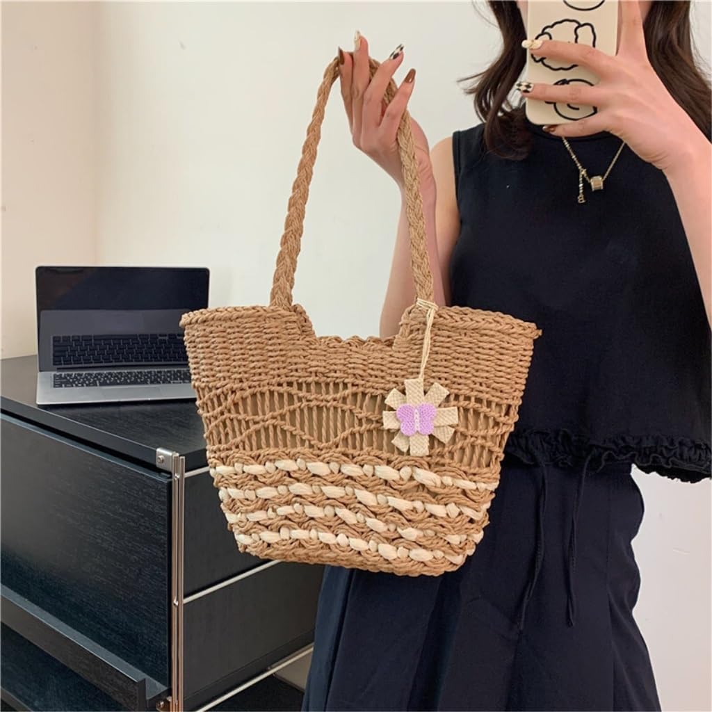 【今年人気❗️】ストローバック　編み込み　ハンドバッグ✭軽量　春夏必須アイテム✨ かごバッグ レディース ストローバッグ[品番：NNNA0003289