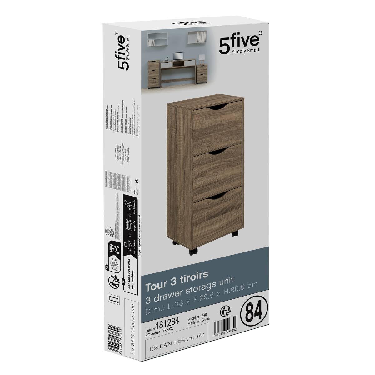 5 five simply smart 5five Torre 3 cassetti con ruote naturali