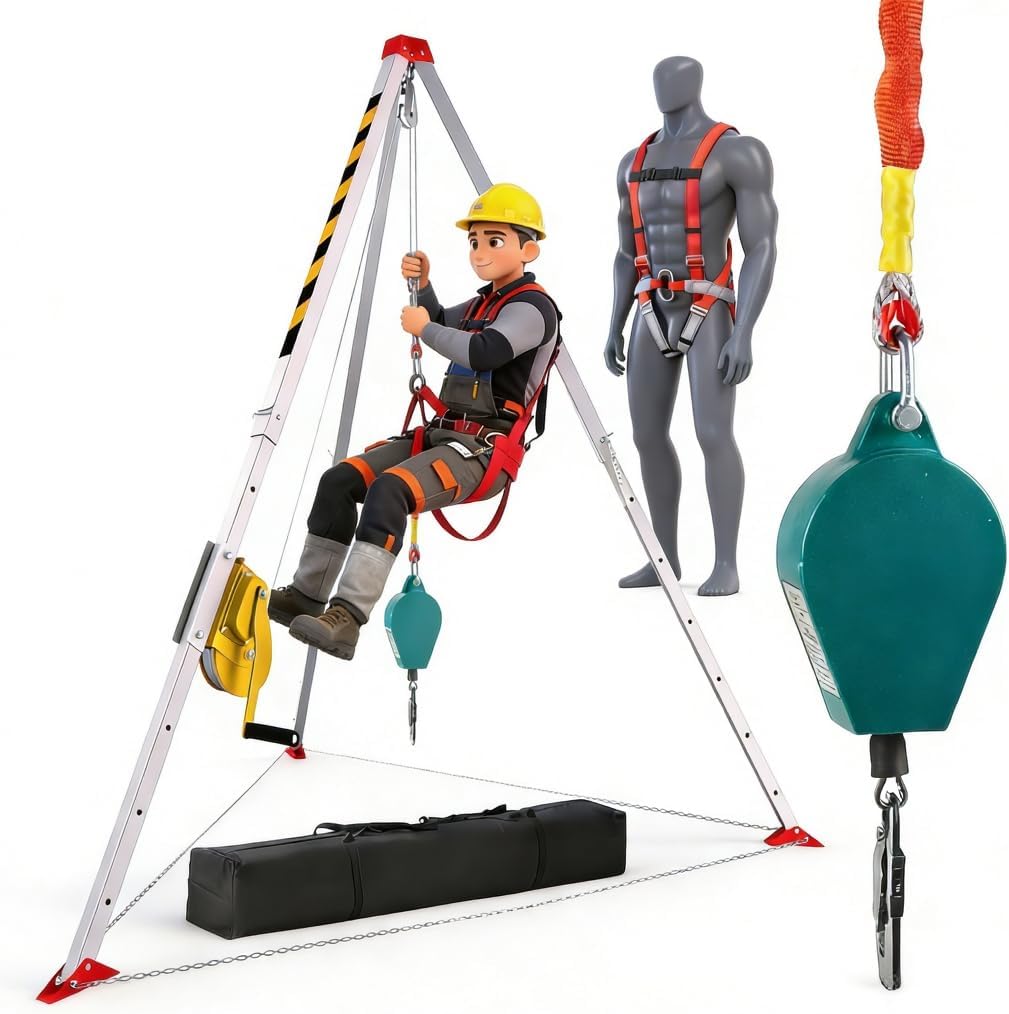 Confined Space Tripod Kit, 3000 Lbs Winch, Heavy Duty Rescue Tripod Hoist with 98' Cable, Adjustable 8' Legs, 33' Fall Protection, Safety Harness for Well, Storage Tank & Industrial Sites