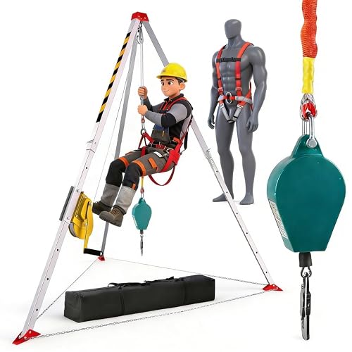 Confined Space Tripod Kit, 3000 lb Capacity, Harness and 98 ft Winch | 4.4-7.1 ft aluminum frame with fall arrester, pulley and adjustable protection chain for manholes, sewers, tanks and pipeline