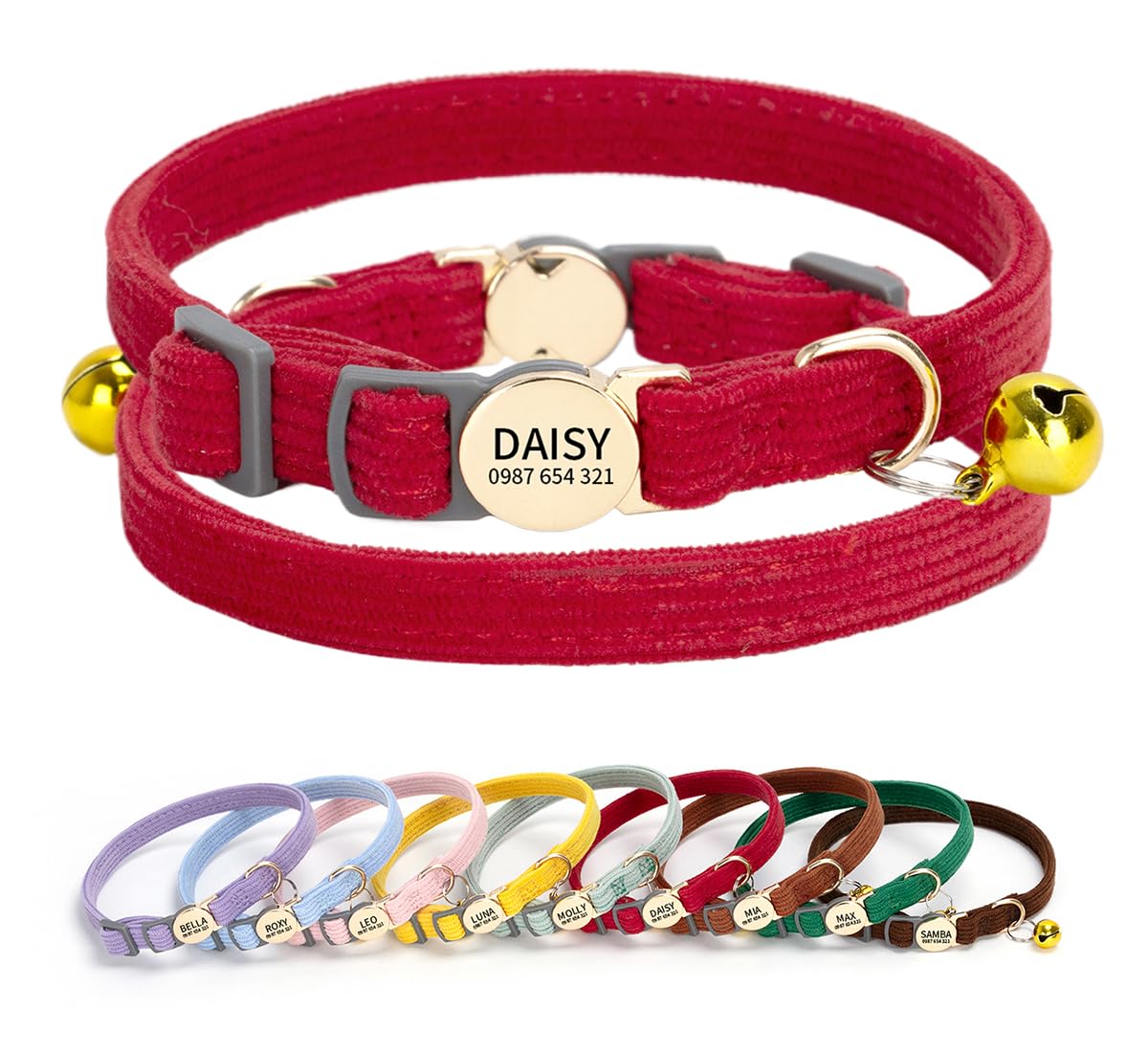 Personalized Cat Collar, Custom Engraved Name Plate with Phone Number, Breakaway Safety Collar with Bell, Soft Adjustable Corduroy Kitten Collar, Lightweight Pet Collar for Indoor Cats