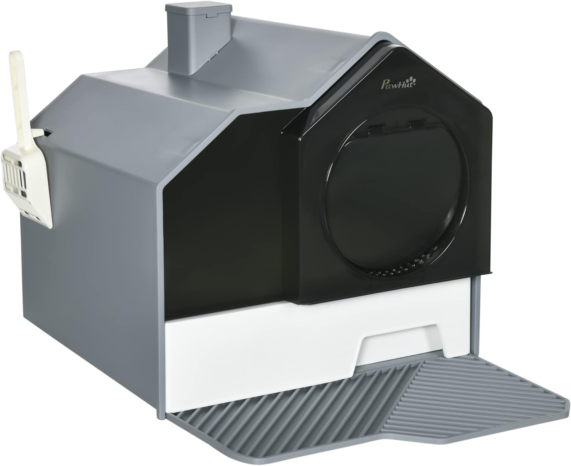 PawHut Hooded Cat Litter Tray with Scoop, Cat Litter Box with Drawer Pan, Handle, Deodorants, Hut Design, Front Entrance, 47 x 45 x 42cm - Grey
