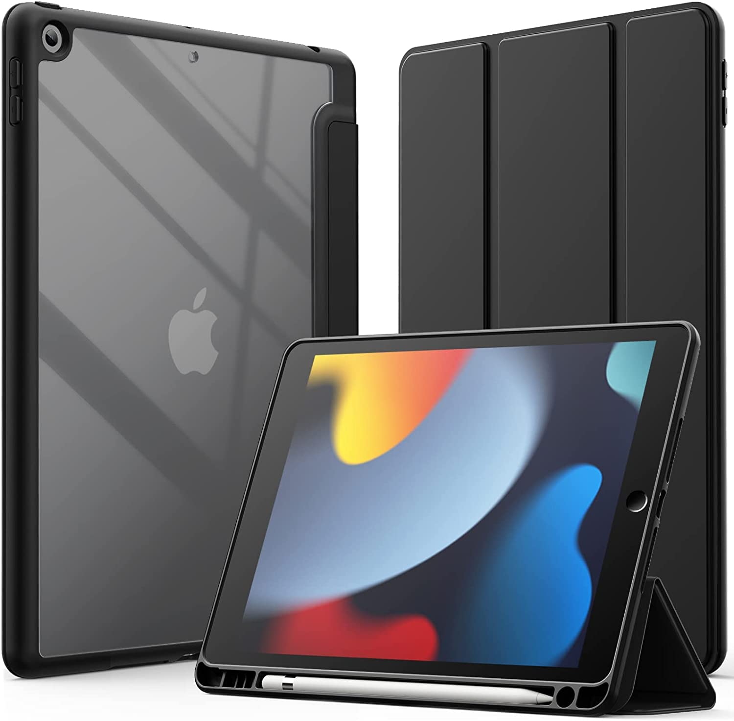 SwooK Case with [Pencil Holder] Smart Cover With Transparent Back ( Soft Edge ) for iPad 10.2 inch iPad 9th 8th 7th Generation 10.2" iPads 2021 2020 2019 Launch A2603 A2604 A2605 A2270 A2428 A2429 A2430 A2197 A2198 A2200 Flip Cover Case-image-2