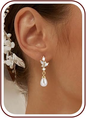 Pearl Earrings for Women, 14k Gold Plated Trendy Diamond Pearl Drop Earrings Hypoallergenic Dainty Bridal Gifts Wedding jewelry for Women