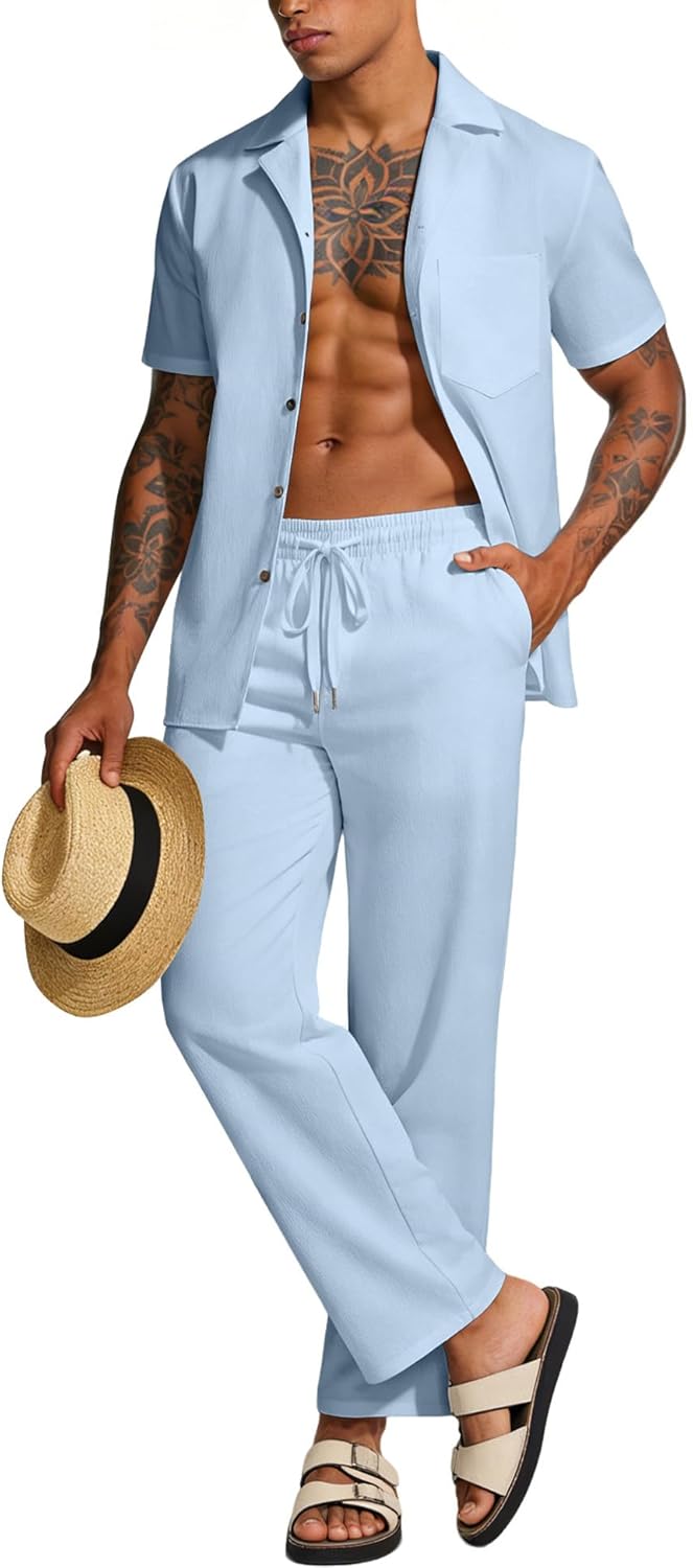 UOUA Mens 2 Piece Linen Set Summer Beach Button Down Short Sleeve Shirt Long Pant Vacation Casual Outfit