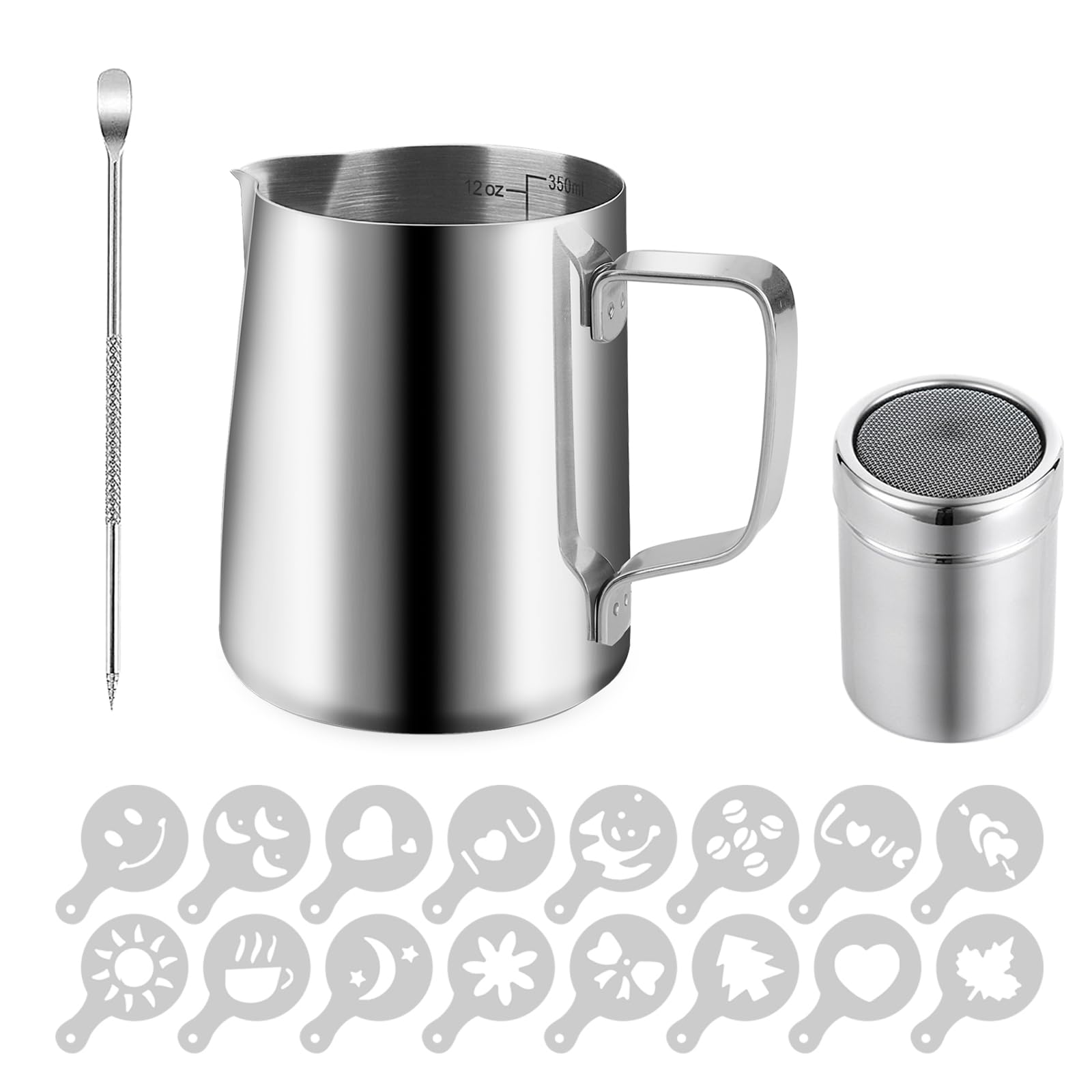 Bricco Latte Art In Acciaio Inox 350ml - Per Cappuccino E Schiuma Latte Con Stencil E Accessori | Professionale Per Barista - Foto 6