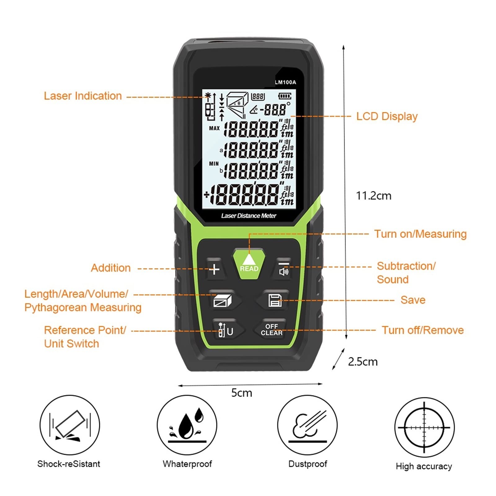 medidor de distancia láser, Telémetro láser Medidor de distancia 330Ft/100M LCD retroiluminado Medida láser M/In/Ft con batería de iones de litio Sensor de ángulo eléctrico Medir distancia, área y vol