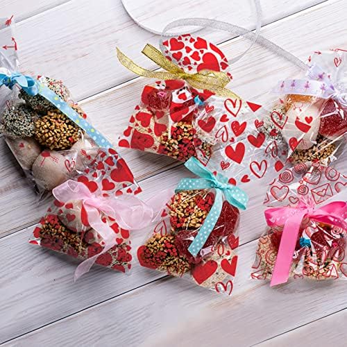 100pcs Valentine Cellophane Bags with 4 Style,Valentine's Day Sweet Candy Bags with Ties,Love Cupid's Arrow Transparent Gift Bag For Valentine's Day Wedding Anniversary Party Supplies Valentine's Day