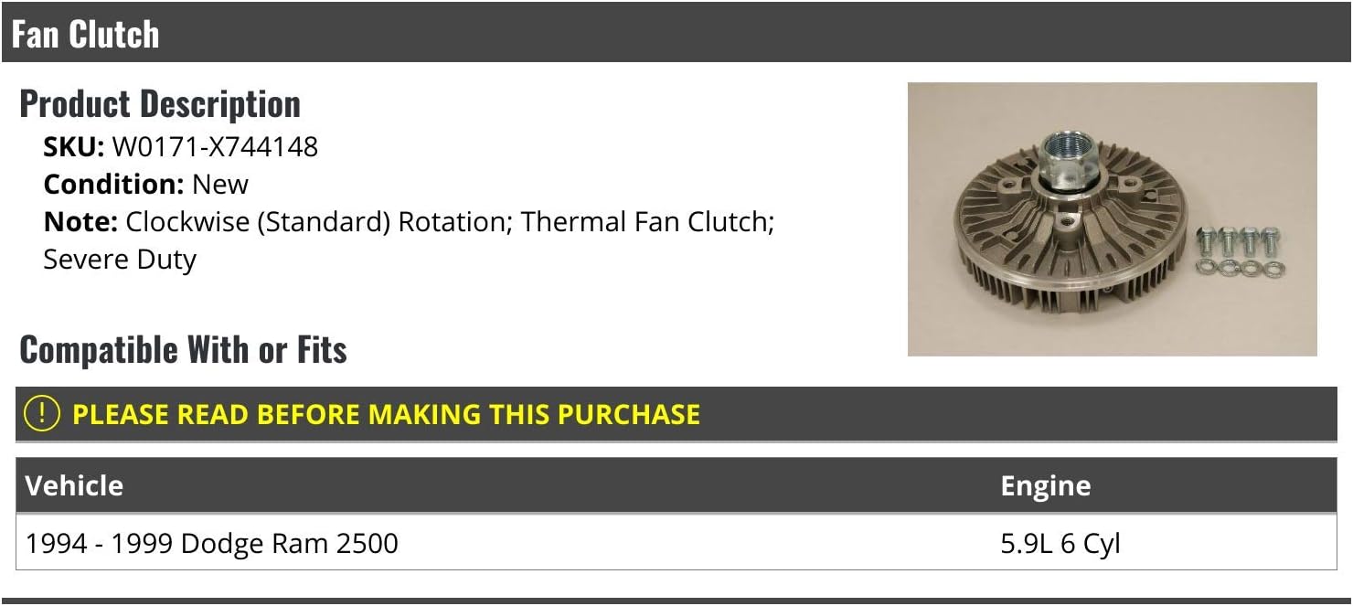 Marketplace Auto Parts Thermal Fan Clutch - Severe Duty - Compatible with 1994-1999 Dodge Ram 2500 5.9L 6-Cylinder