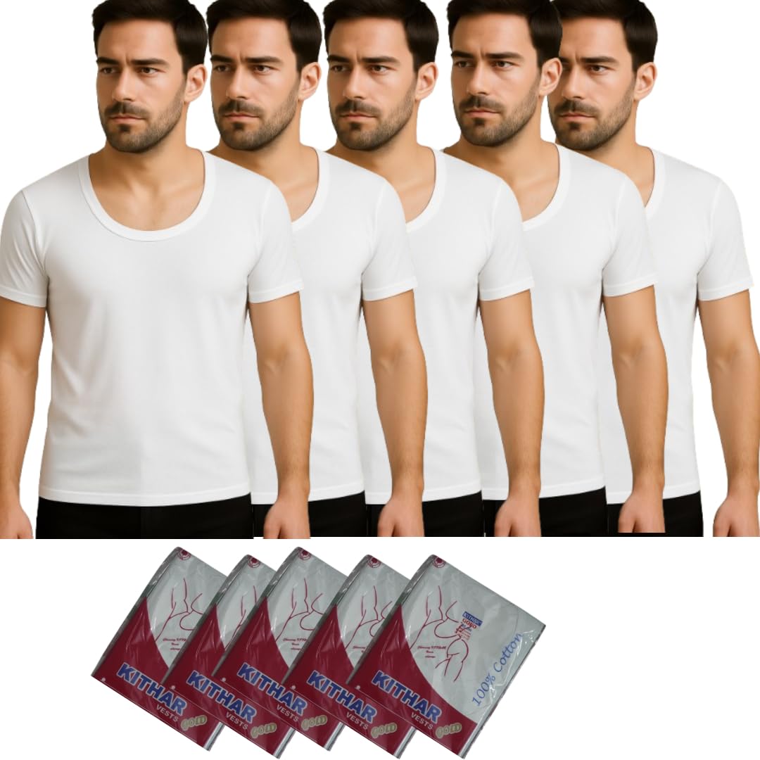 Kithar Men's Pack of 5 White Round Neck Half Sleeves 100% Cotton Vest-picture-28