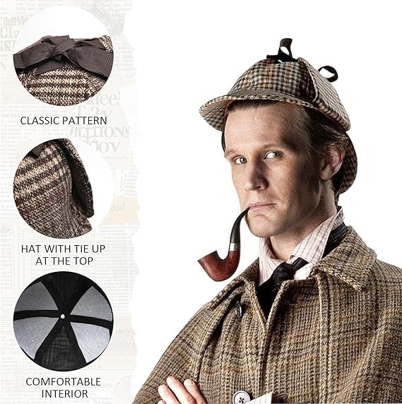 Juego de 7 accesorios para disfraz de detective Sherlock Holmes, sombrero, gafas, bigote, pajarita con lupa, accesorios de cosplay para hombre adulto