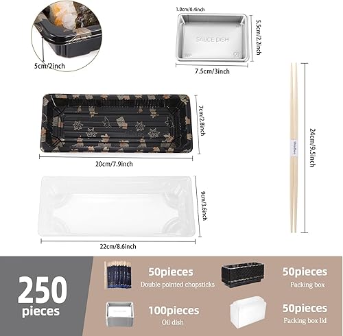 Miniatura 2 de Sbirdbao Juego de vajilla desechable para 50 recipientes de sushi con tapas de 8.6 x 3.6 pulgadas, cajas desechables para sushi para llevar, 50