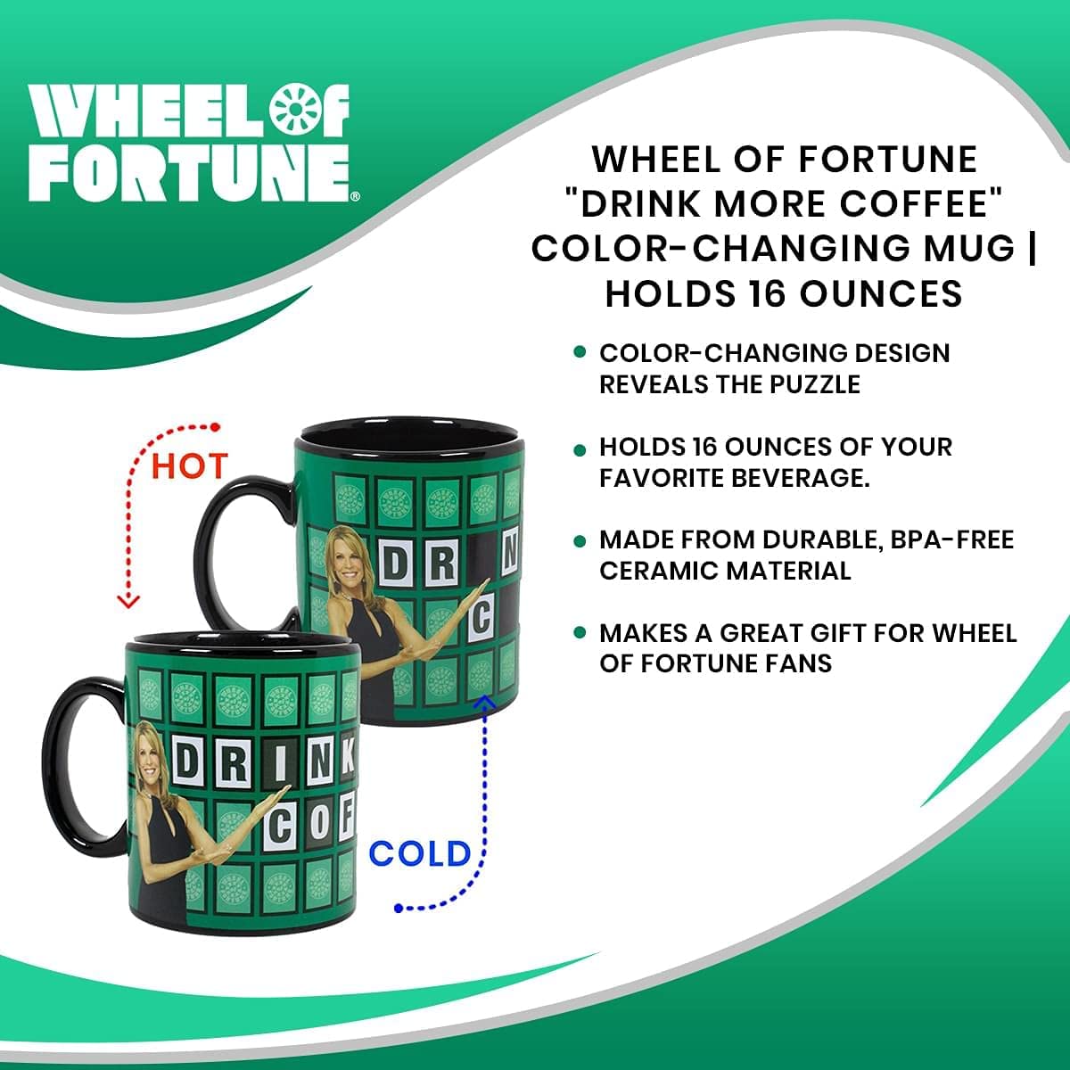 Wheel of Fortune Drink More Coffee, taza que cambia de color | Holds 16 onzas