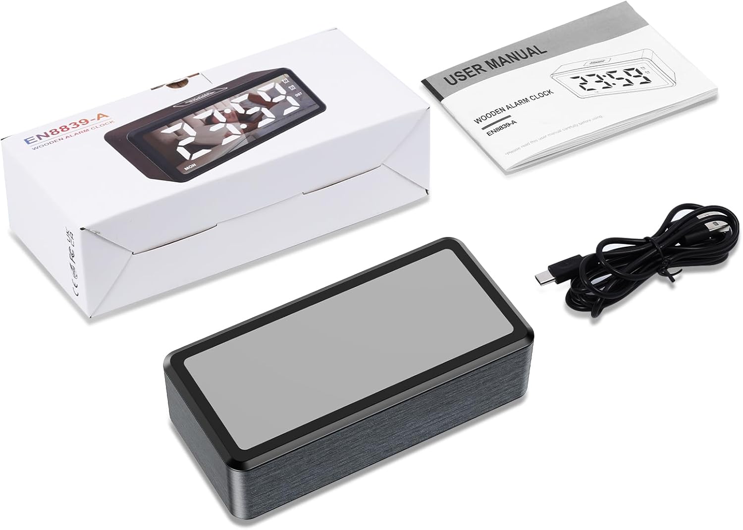 Package contents of the ORIA Wooden Digital Alarm Clock
