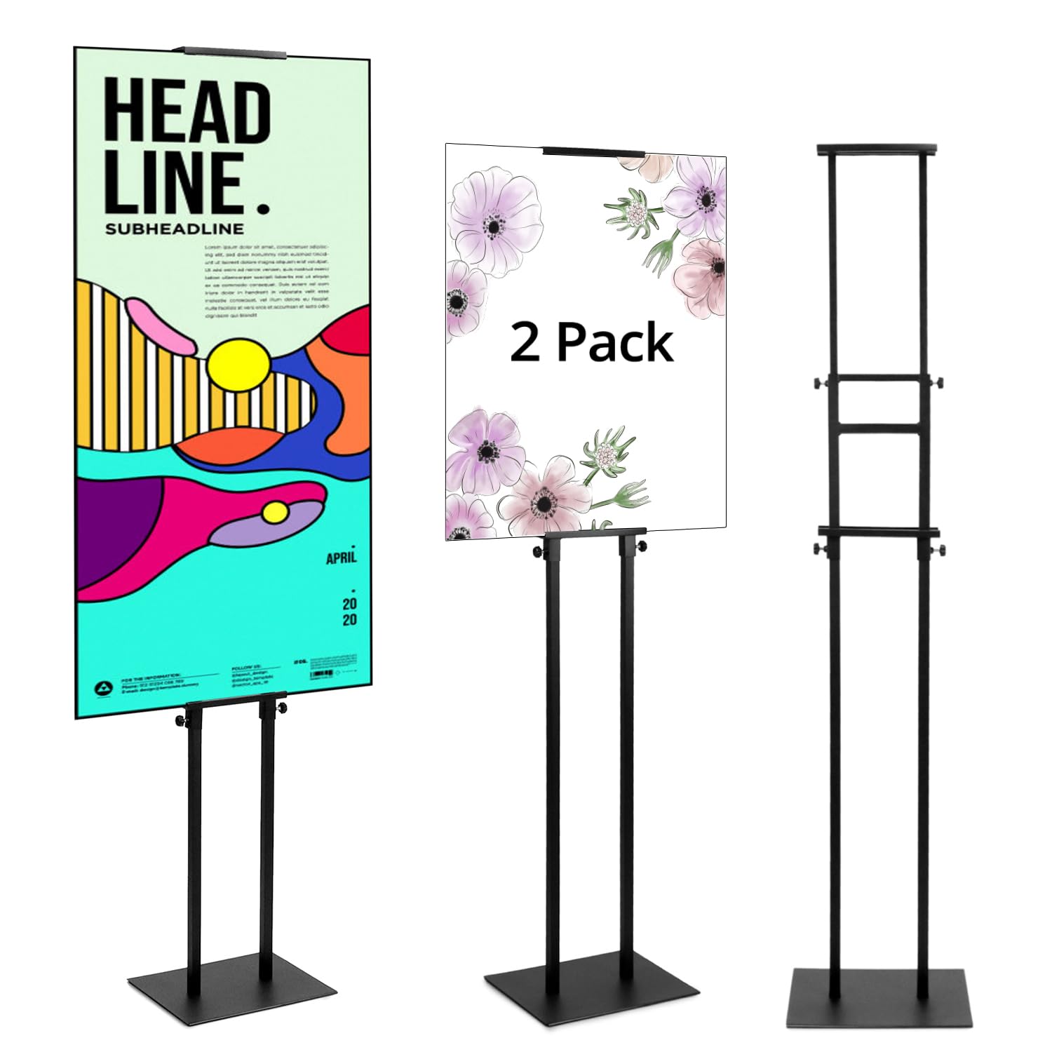 QWORK Juego de 2 Soportes para Carteles de Doble Cara, Altura Ajustable 12-210 cm, Base 24x30 cm