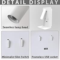 Vista 7 de ZEROUNO Lámpara de pared para dormitorio, luz de lectura montada en la pared, apliques de cabecera LED con interruptor Puerto USB Lámparas de Blanco