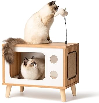 Cat House Wooden Condo Cat Bed Indoor TV-Shaped Sturdy Large Luxury Cat Shelter Furniture with Cushion Cat Scratcher Bell Ball Toys Cat House Wooden Condo Cat Bed Indoor TV-Shaped Sturdy Large Luxury Cat Shelter Furniture with Cushion Cat Scratcher Bell Ball Toys
