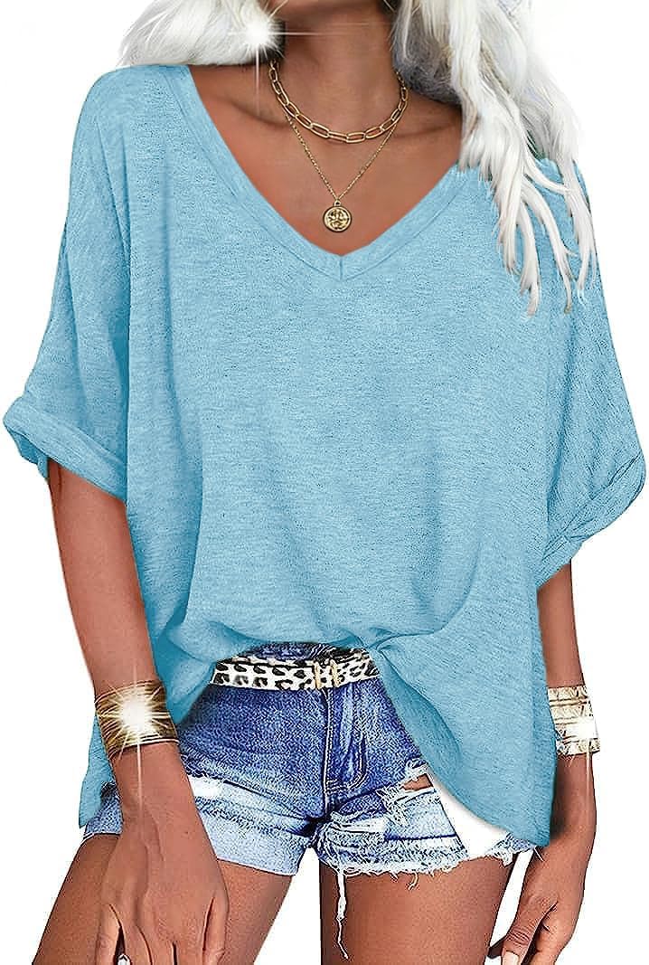 UNCLECAT Women's V Neck Oversized T-Shirts Summer Short Sleeve Shirts Loose Casual Tops Tee