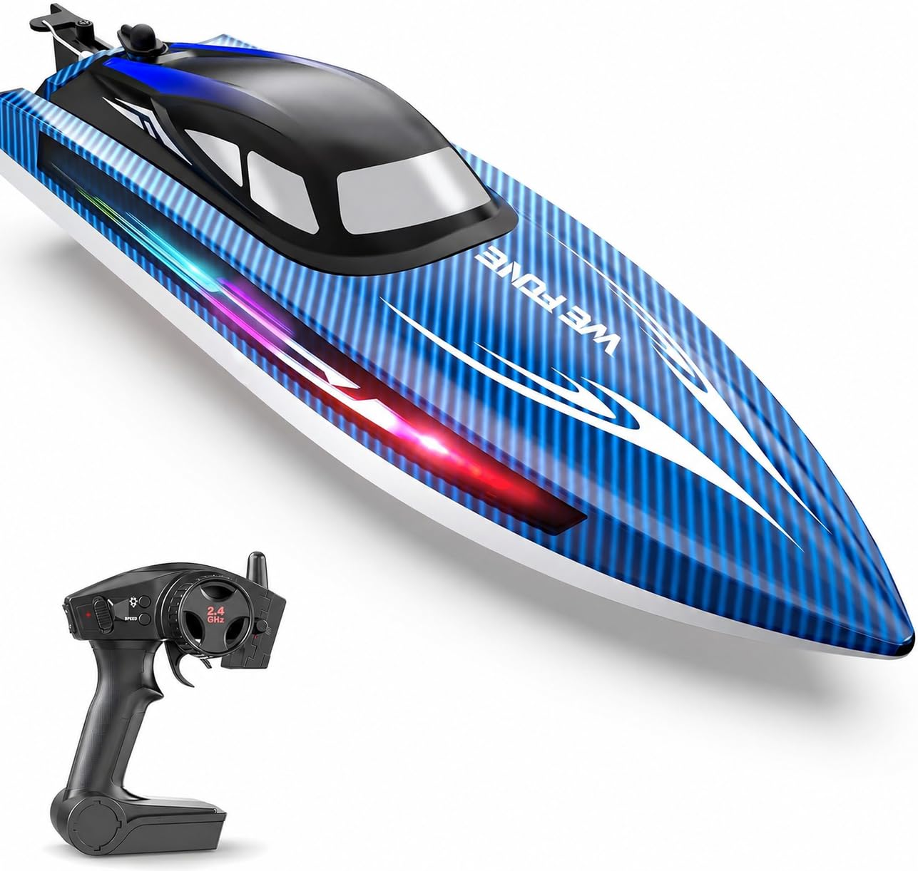 WeFone Barco teledirigido para adultos, 25+ KMH Fast RC Speed Boat con luz LED para niños, DEMO, WF17, ideal para piscinas y lagos de juguete, 2 baterías recargables durante 30-40 minutos (azul)