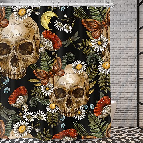 Ambzek Sugar Skull Shower Curtain Mushroom Floral 72Wx72L Inch Gothic Halloween Bathroom Decor Set Goth Skeleton Spooky Mens Horror Witchy Vintage Artwork Cloth Fabric Bath Accessories 12 Pack Hooks #TOP6