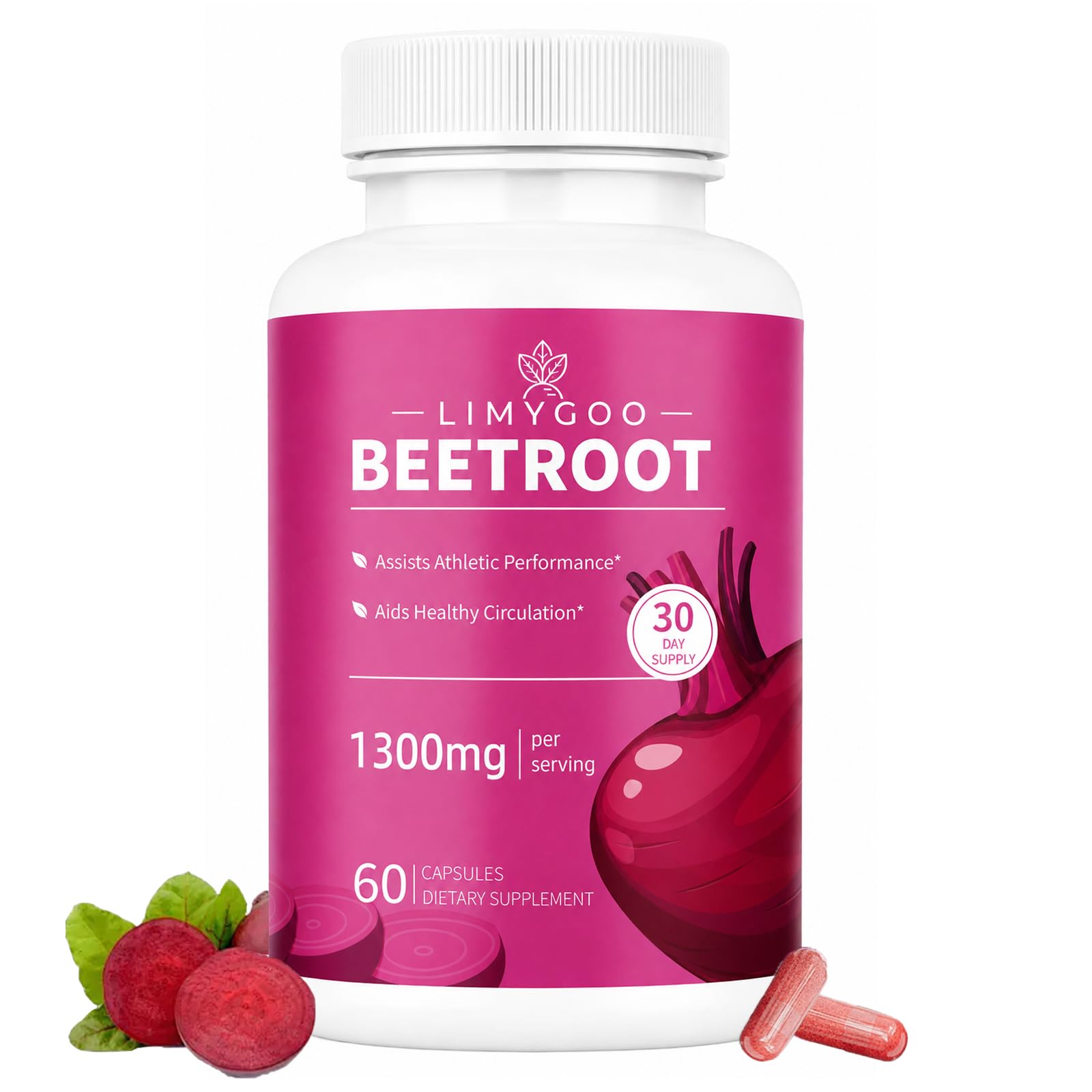 Beet Root Capsules – 1300mg Beetroot Powder for Natural Energy & Endurance Support, Non-GMO, 60 Capsules, 30-Day Supply (1pc)