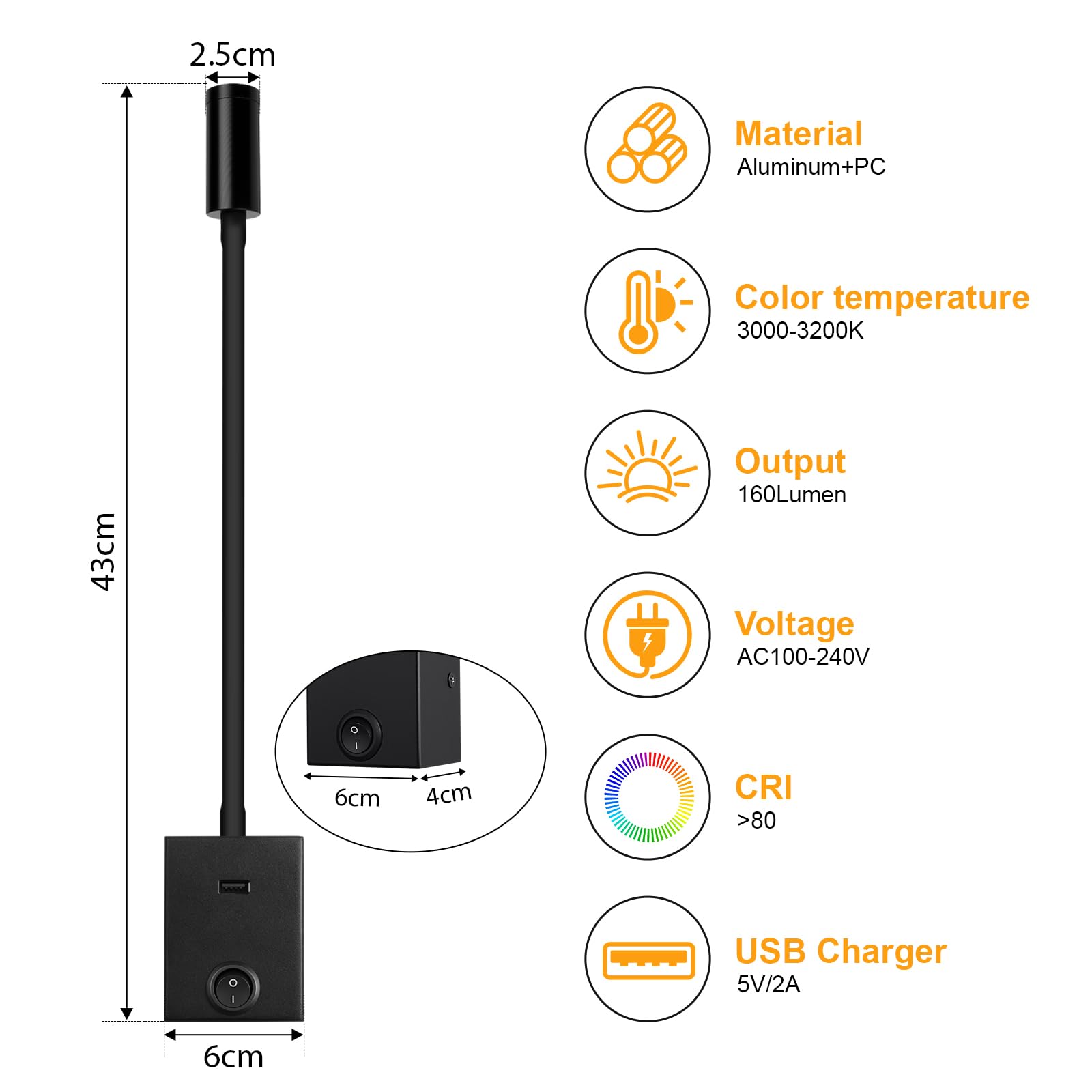 Lampada da Lettura a LED da Parete 3W con Collo d'oca Flessibile 360° USB 3000K Nero
