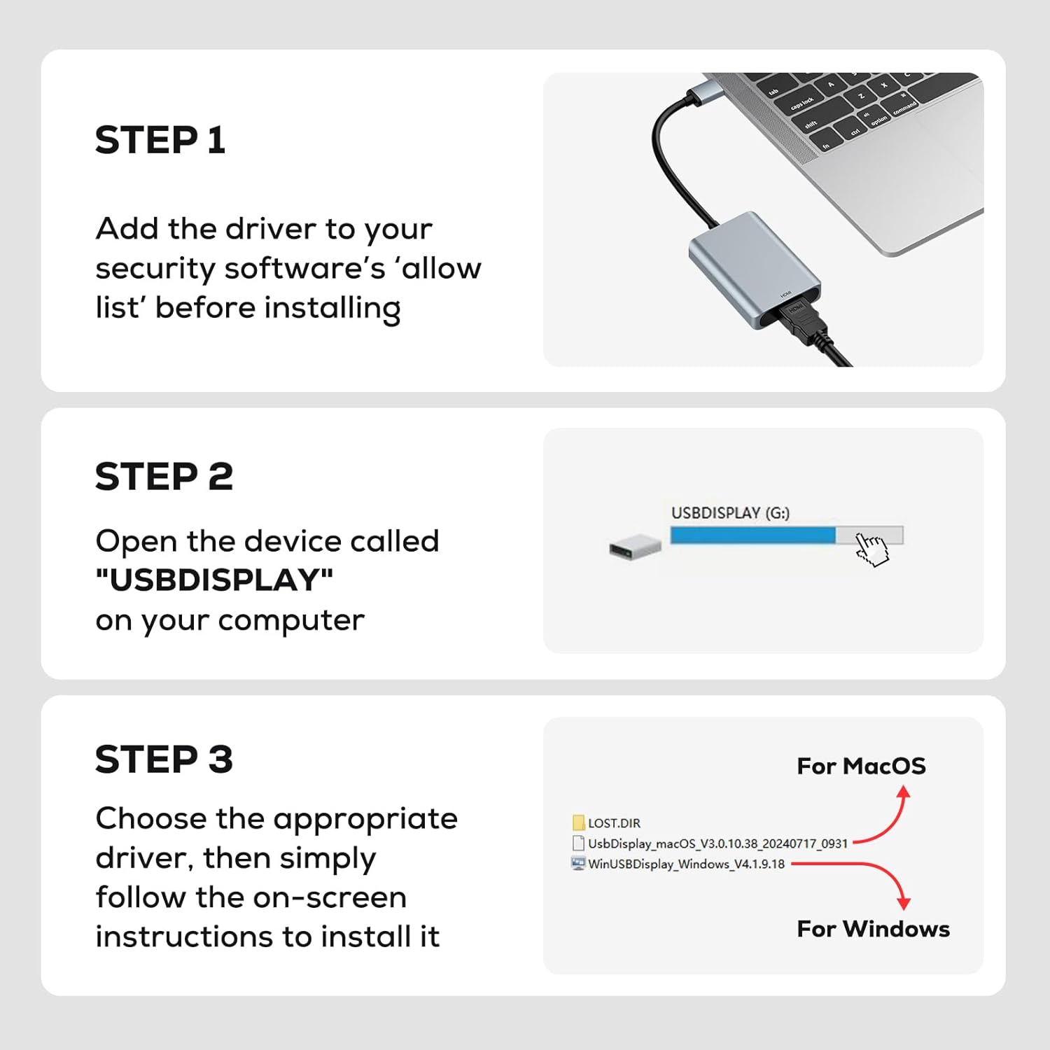 Three steps for installing the WENTER USB to HDMI Adapter driver